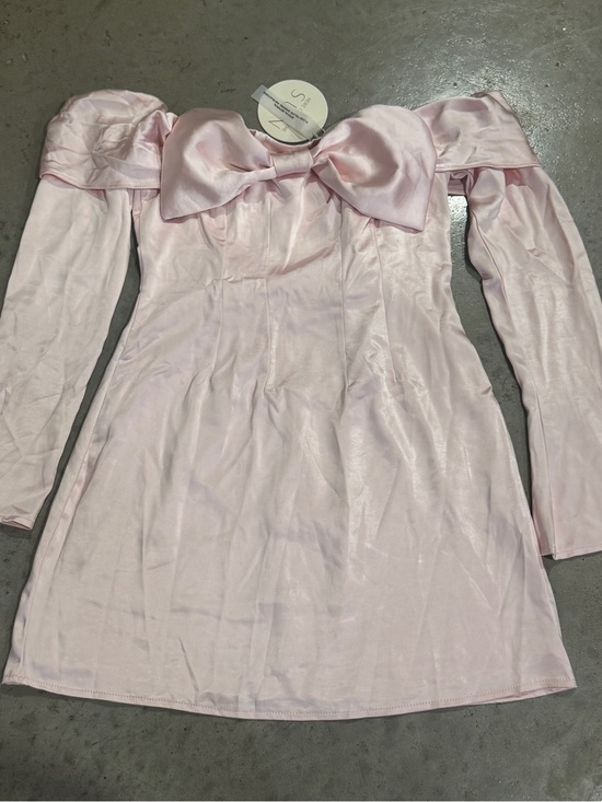 Here Comes The Sun Dresses & Skirts - Off-Shoulder Light Pink Satin Mini Dress with Front Bow